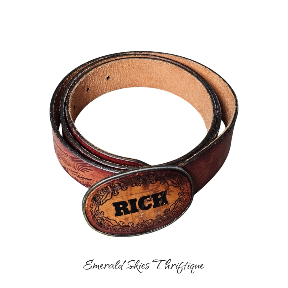 Vintage Eagle leather works belt with "rich" belt buckle